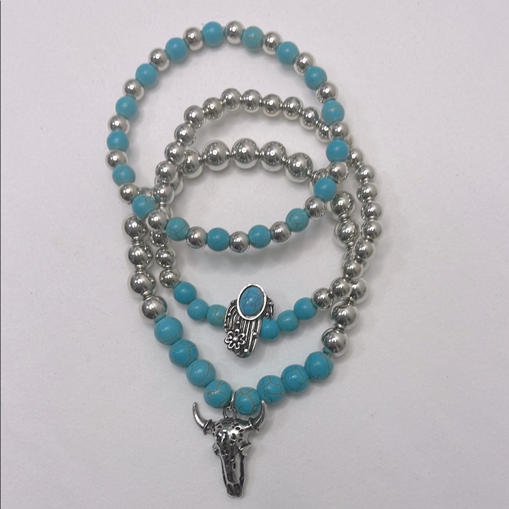 Silver and Turquoise Beaded Bracelet Set (3) Stretch NWOT